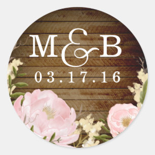 Floral Wood Look Monogram Wedding Sticker
