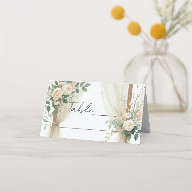 Floral Wooden Arch Greenery Roses Rustic Wedding Place Card (Front)