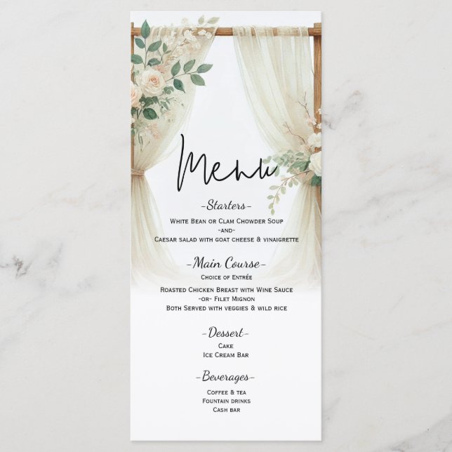 Floral Wooden Arch Greenery Roses Wedding Menu (Front)