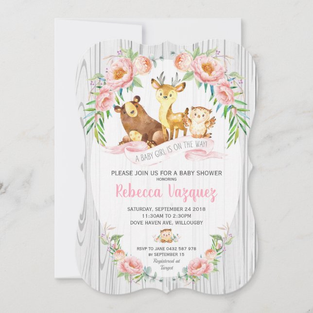 Floral Woodland Animal Baby Shower Invitation Girl (Front)