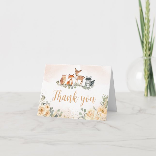 Floral Woodland Animals Baby Shower Thank You Card (Front)
