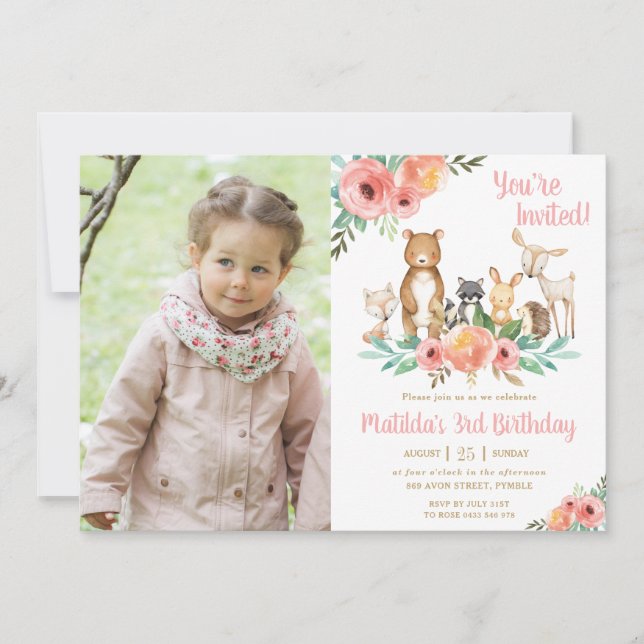 Floral Woodland Animals Birthday Party Girl Photo Invitation (Front)
