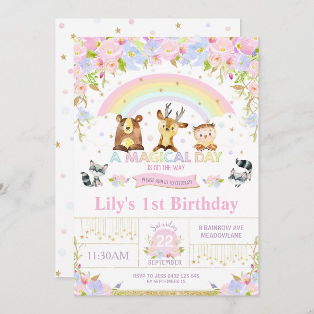 Floral Woodland Animals Birthday Party Invitation (Front/Back)