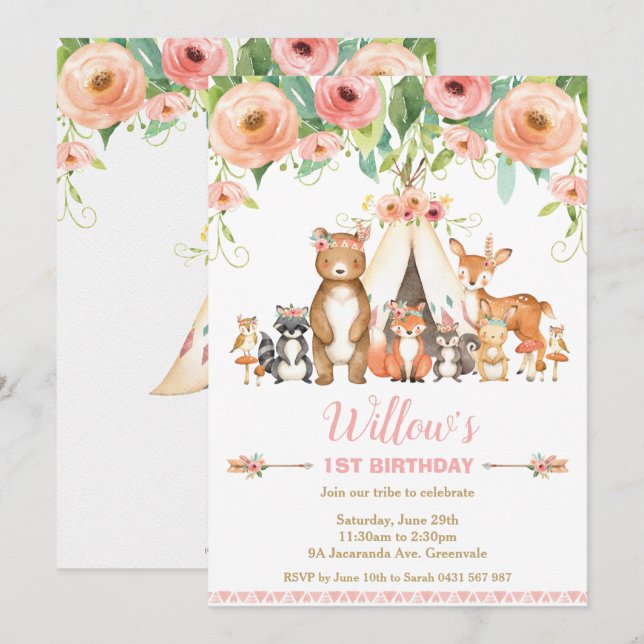 Floral Woodland Animals Forest 1st Birthday Girl Invitation (Front/Back)
