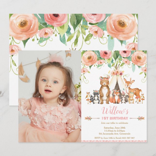 Floral Woodland Animals Forest 1st Birthday Photo Invitation (Front/Back)