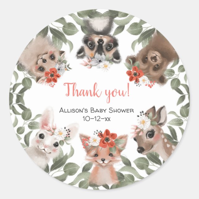 Floral woodland animals forest girl baby shower classic round sticker (Front)