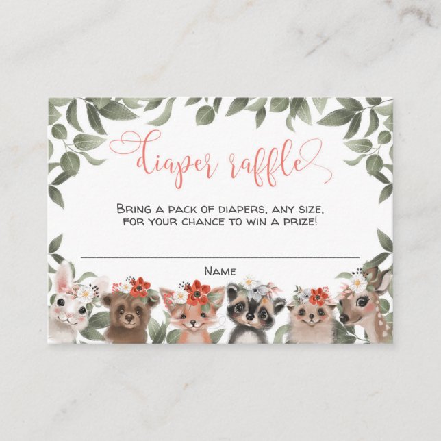 Floral woodland animals forest girl diaper raffle enclosure card (Front)