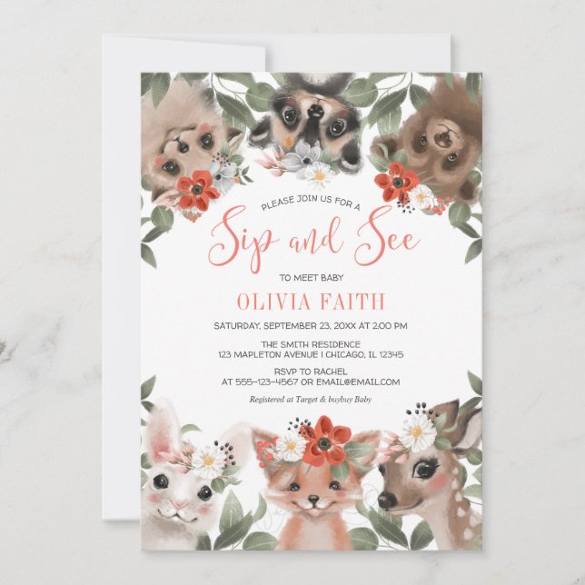 Floral woodland animals Sip and See meet baby girl Invitation (Front)