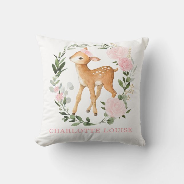 Floral Woodland Deer Greenery Baby Girl Nursery Cushion (Front)