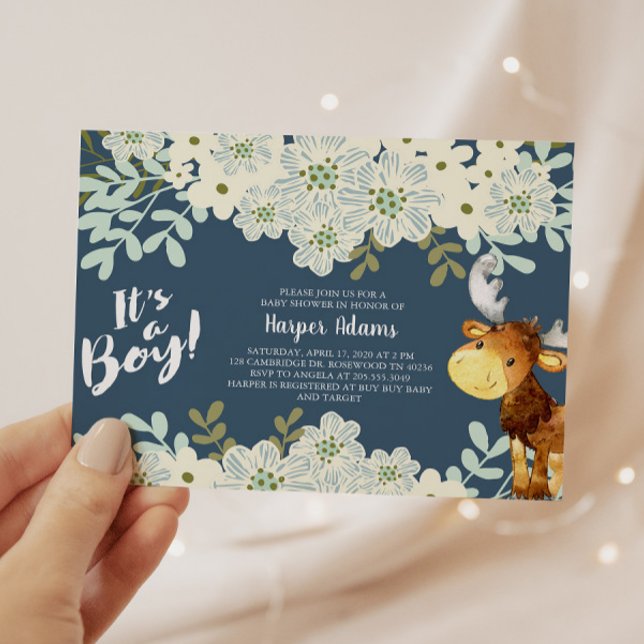 Floral Woodland Moose Boy Baby Shower Invitation (Creator Uploaded)