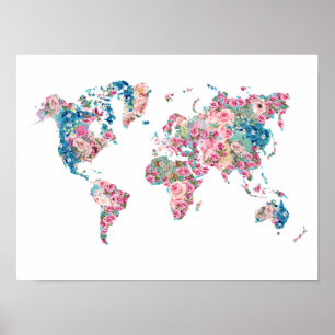 Floral World map Poster
