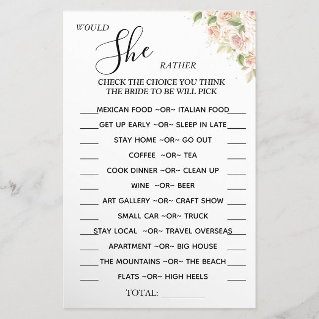 Floral Would She Rather shower game card  (Front)