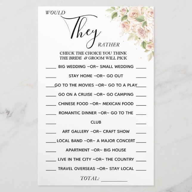 Floral Would They Rather shower game card  (Front)