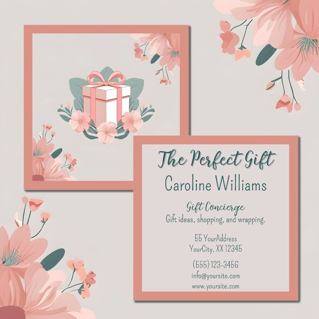 Floral wrapped gift pink green square business card (Creator Uploaded)