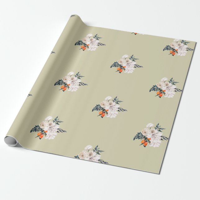 Floral wrapping paper orange white wedding  (Unrolled)