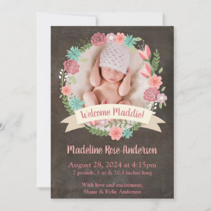Floral Wreath Baby Girl Photo Birth Announcement