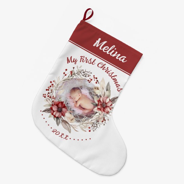 Floral wreath Baby's First Christmas photo red Large Christmas Stocking (Front (Hanging))
