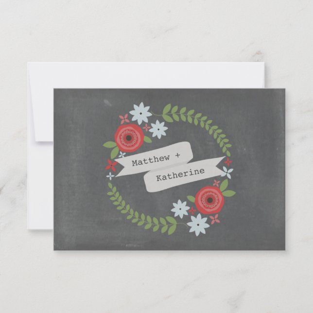 Floral Wreath & Banner Chalkboard Inspired RSVP Card (Front)