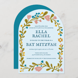 Floral Wreath Bat Mitzvah Hand-drawn Custom Arch Invitation