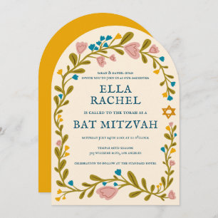 Floral Wreath Bat Mitzvah Hand-drawn Custom Arch Invitation