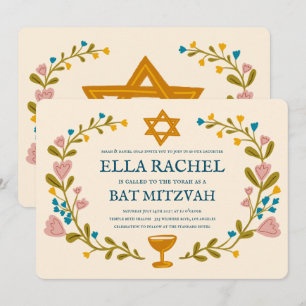 Floral Wreath Bat Mitzvah Hand-drawn Custom  Invitation
