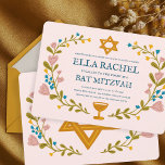Floral Wreath Bat Mitzvah Hand-drawn Custom  Invitation<br><div class="desc">Perfect card to announce a bar mitzvah, bat mitzvah or other Jewish celebration! Hand made art for you! FULLY CUSTOMIZABLE! Click on “Personalise” above to edit the text. Click "edit using design tool" to adjust the fonts, colours and placements. Also you can easily change the card style to have square...</div>