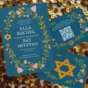 Floral Wreath Bat Mitzvah Hand-drawn Custom Invitation