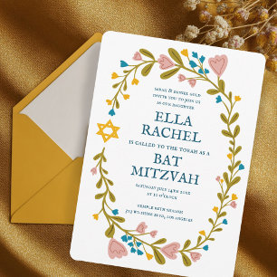 Floral Wreath Bat Mitzvah Hand-drawn Custom Invitation