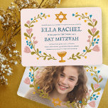 Floral Wreath Bat Mitzvah Hand-drawn Custom  Invitation<br><div class="desc">Perfect card to announce a bar mitzvah, bat mitzvah or other Jewish celebration! Hand made art for you! FULLY CUSTOMIZABLE! Click on “Personalise” above to edit the text and add your own photo to the back. Click "edit using design tool" to adjust the fonts, colours and placements. Also you can...</div>