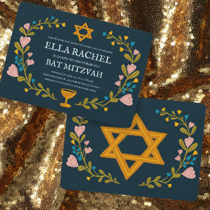 Floral Wreath Bat Mitzvah Hand-drawn Custom  Invitation