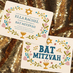 Floral Wreath Bat Mitzvah Hand-drawn Custom  Invitation