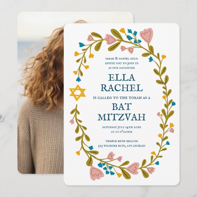Floral Wreath Bat Mitzvah Hand-drawn Custom  Invitation (Front/Back)