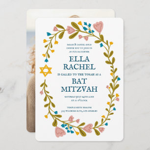 Floral Wreath Bat Mitzvah Hand-drawn Custom Invitation