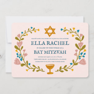 Floral Wreath Bat Mitzvah Hand-drawn Custom Invitation