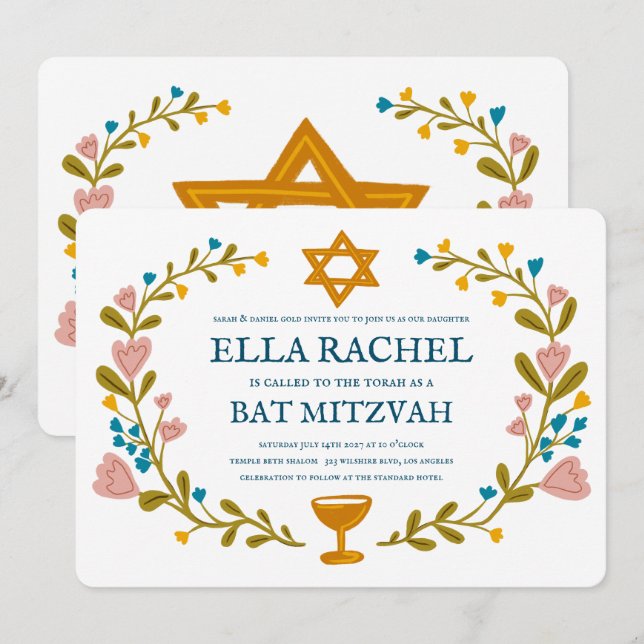 Floral Wreath Bat Mitzvah Hand-drawn Custom  Invitation (Front/Back)