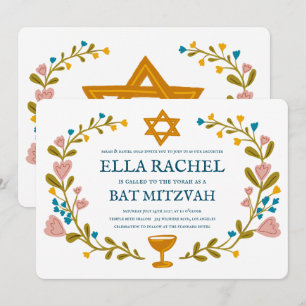 Floral Wreath Bat Mitzvah Hand-drawn Custom Invitation