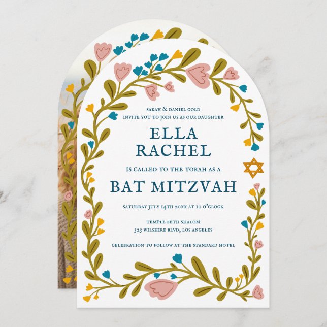 Floral Wreath Bat Mitzvah Hand-drawn Custom PHOTO Invitation (Front/Back)