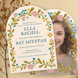 Floral Wreath Bat Mitzvah Hand-drawn Custom PHOTO Invitation