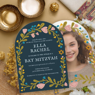 Floral Wreath Bat Mitzvah Hand-drawn Custom PHOTO Invitation