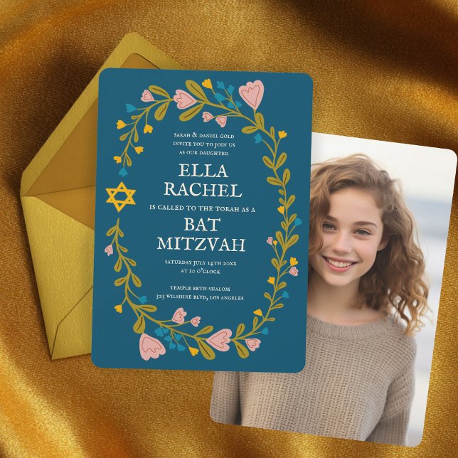 Floral Wreath Bat Mitzvah Hand-drawn Custom Photo Invitation (Floral Wreath Bat Mitzvah Hand-drawn Custom Photo Invitation
)