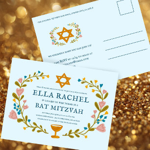 Floral Wreath Bat Mitzvah Hand-drawn Custom  Postcard