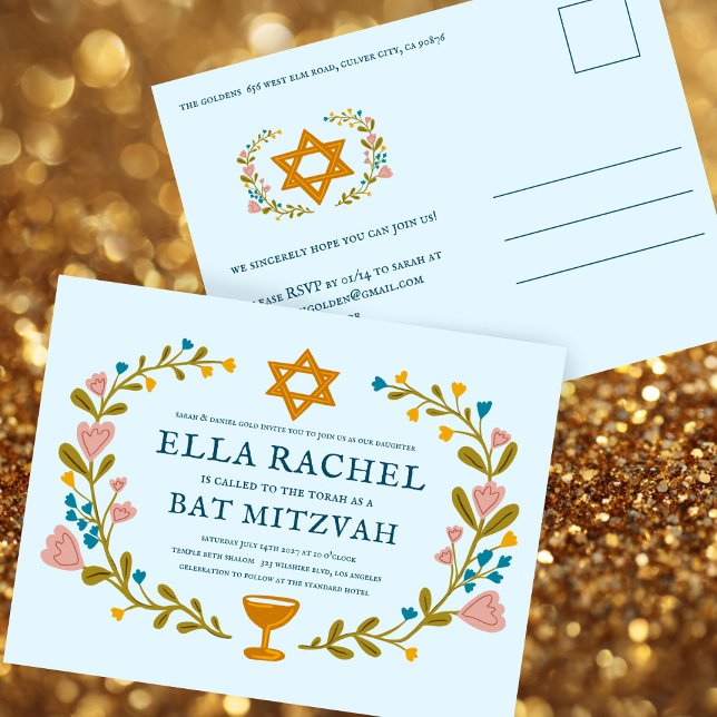 Floral Wreath Bat Mitzvah Hand-drawn Custom  Postcard (Floral Wreath Bat Mitzvah Hand-drawn Custom Postcard Invitation
)