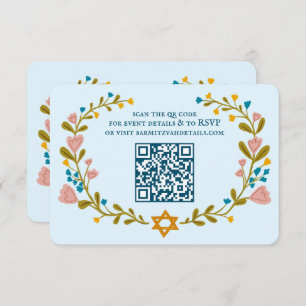 Floral Wreath Bat Mitzvah Hand-drawn Custom QRcode Enclosure Card