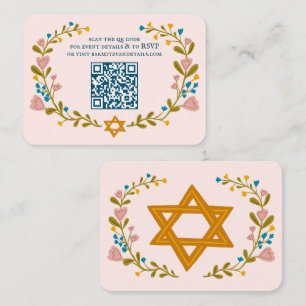 Floral Wreath Bat Mitzvah Hand-drawn Custom QRcode Enclosure Card