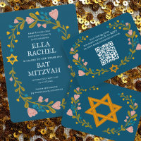 Floral Wreath Bat Mitzvah Hand-drawn Custom QRcode