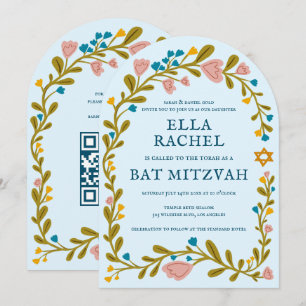 Floral Wreath Bat Mitzvah Hand-drawn Custom QRcode Invitation