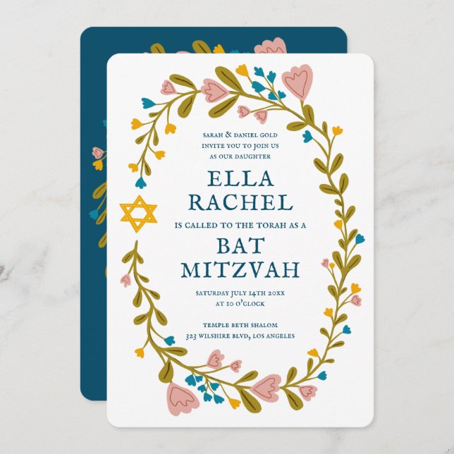 Floral Wreath Bat Mitzvah Hand-drawn Custom QRcode Invitation (Front/Back)
