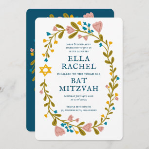 Floral Wreath Bat Mitzvah Hand-drawn Custom QRcode Invitation