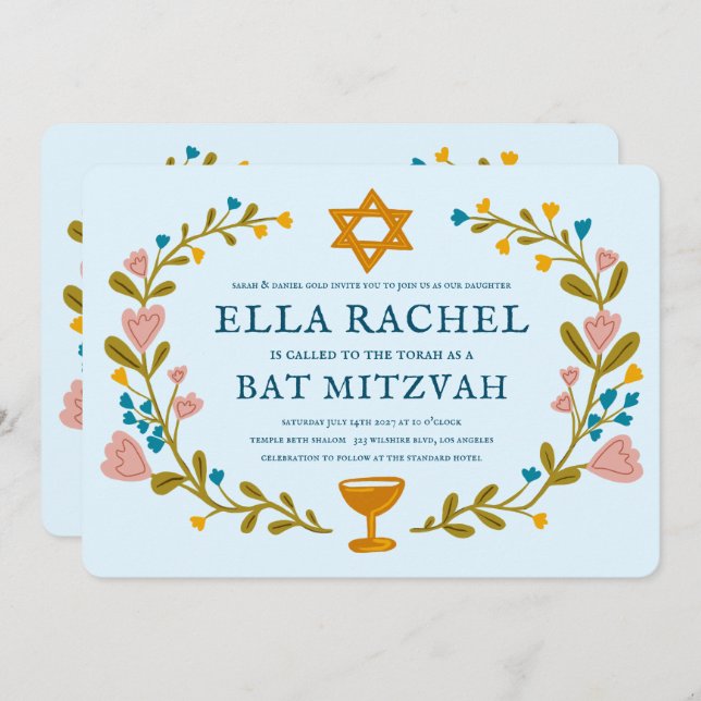 Floral Wreath Bat Mitzvah Hand-drawn Custom QRcode Invitation (Front/Back)