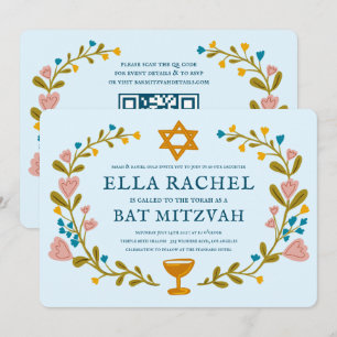 Floral Wreath Bat Mitzvah Hand-drawn Custom QRcode Invitation